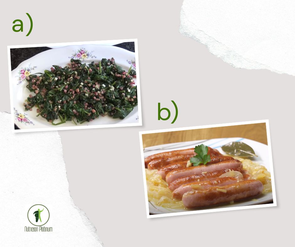 Espinacas al ajillo con jamón acompañado de salchichas al vino blanco con cebolla